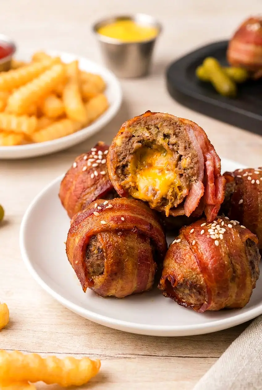 Close-up of air fryer bacon cheeseburger bites showing melted cheddar and crisp bacon