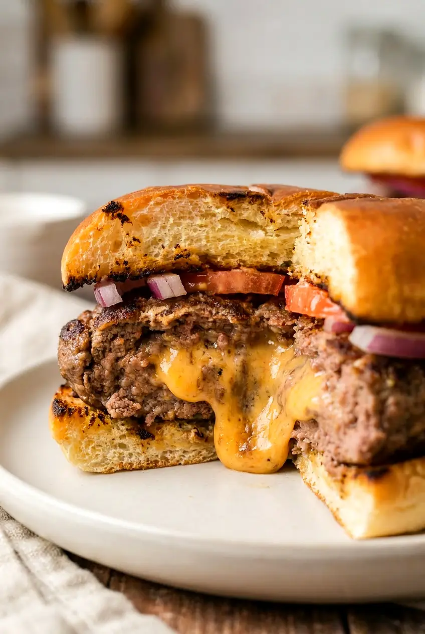 Close-up of Air Fryer stuffed burgers showing a juicy browned exterior and melted cheese center