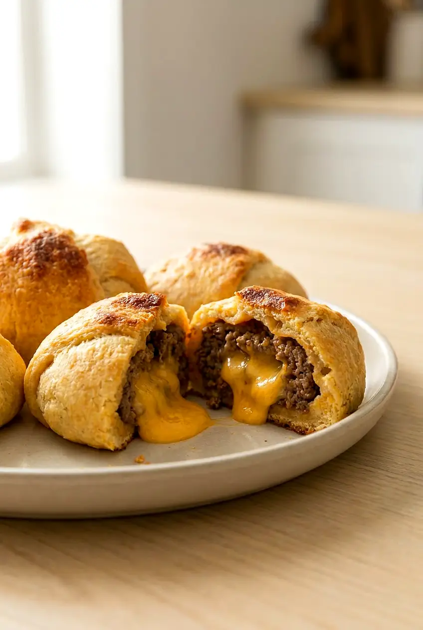 Close-up of air fryer cheeseburger bombs showing the golden crust and cheesy beef filling