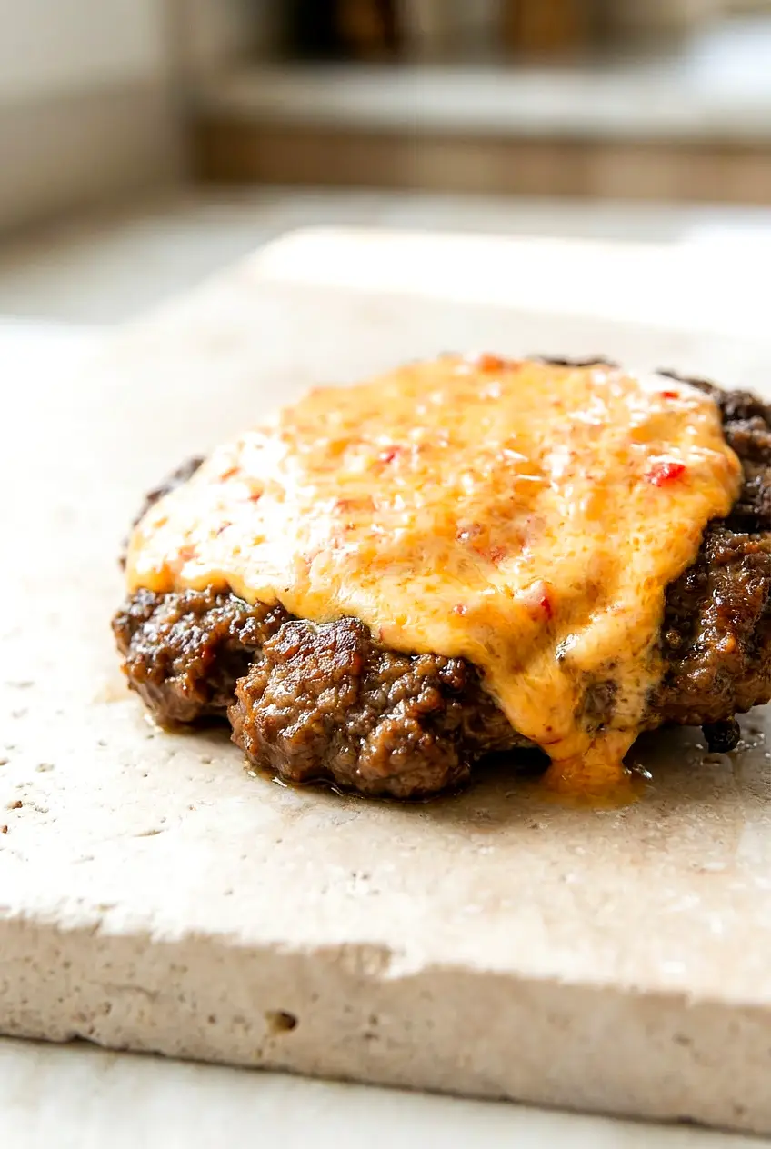 Close-up of air fryer low carb butter burgers showing juicy beef and melted pimento cheese