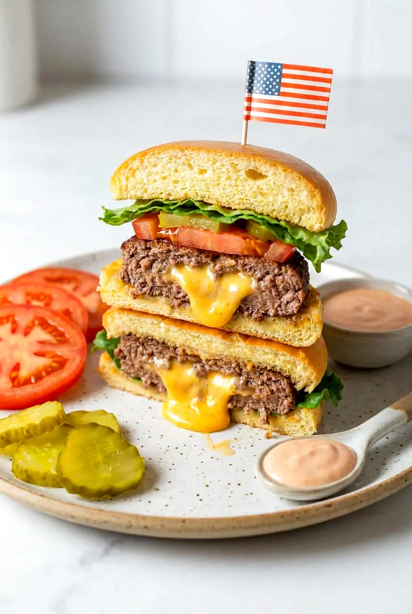 Close-up of an air fryer Juicy Lucy burger cut open to show melted cheese inside the beef patty