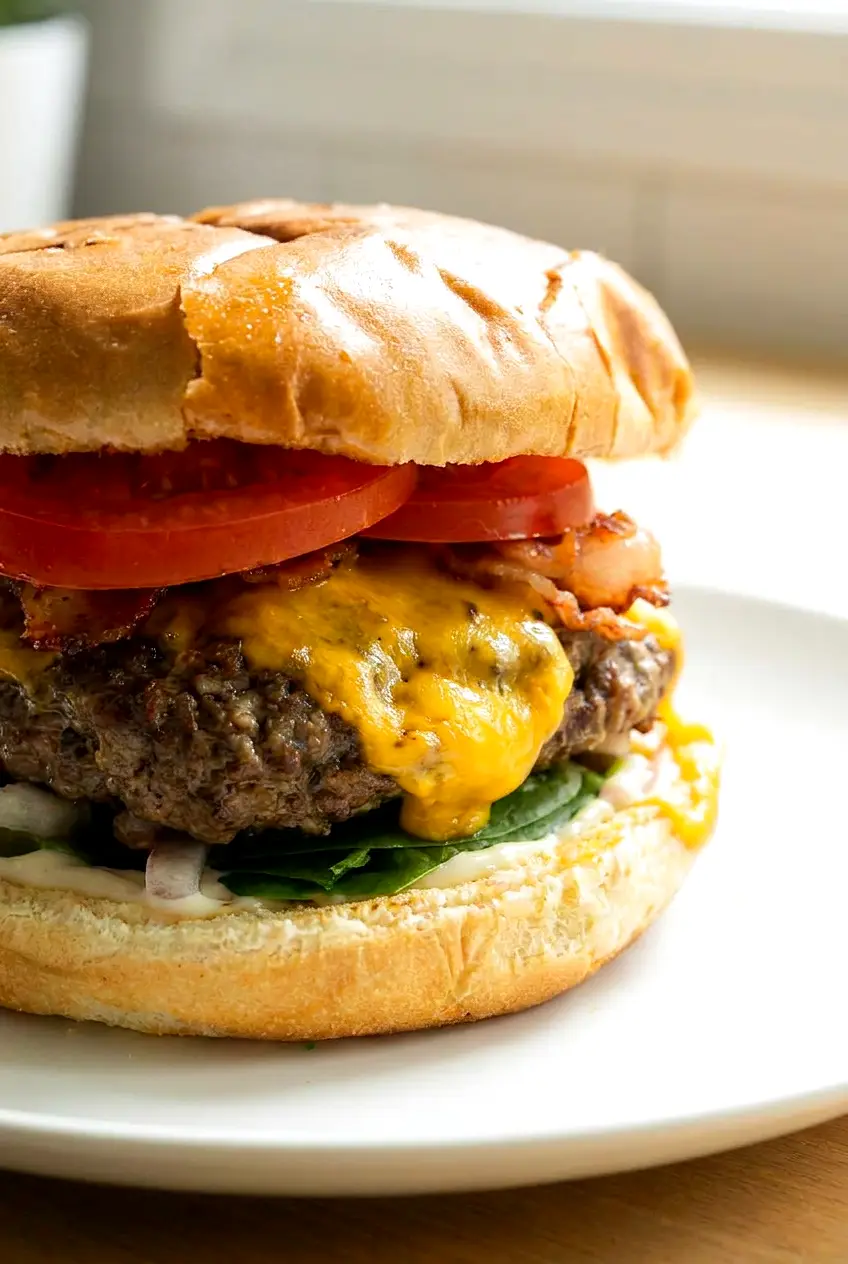 Close-up of air fryer hamburgers showing juicy browned patties with melted cheese on toasted buns