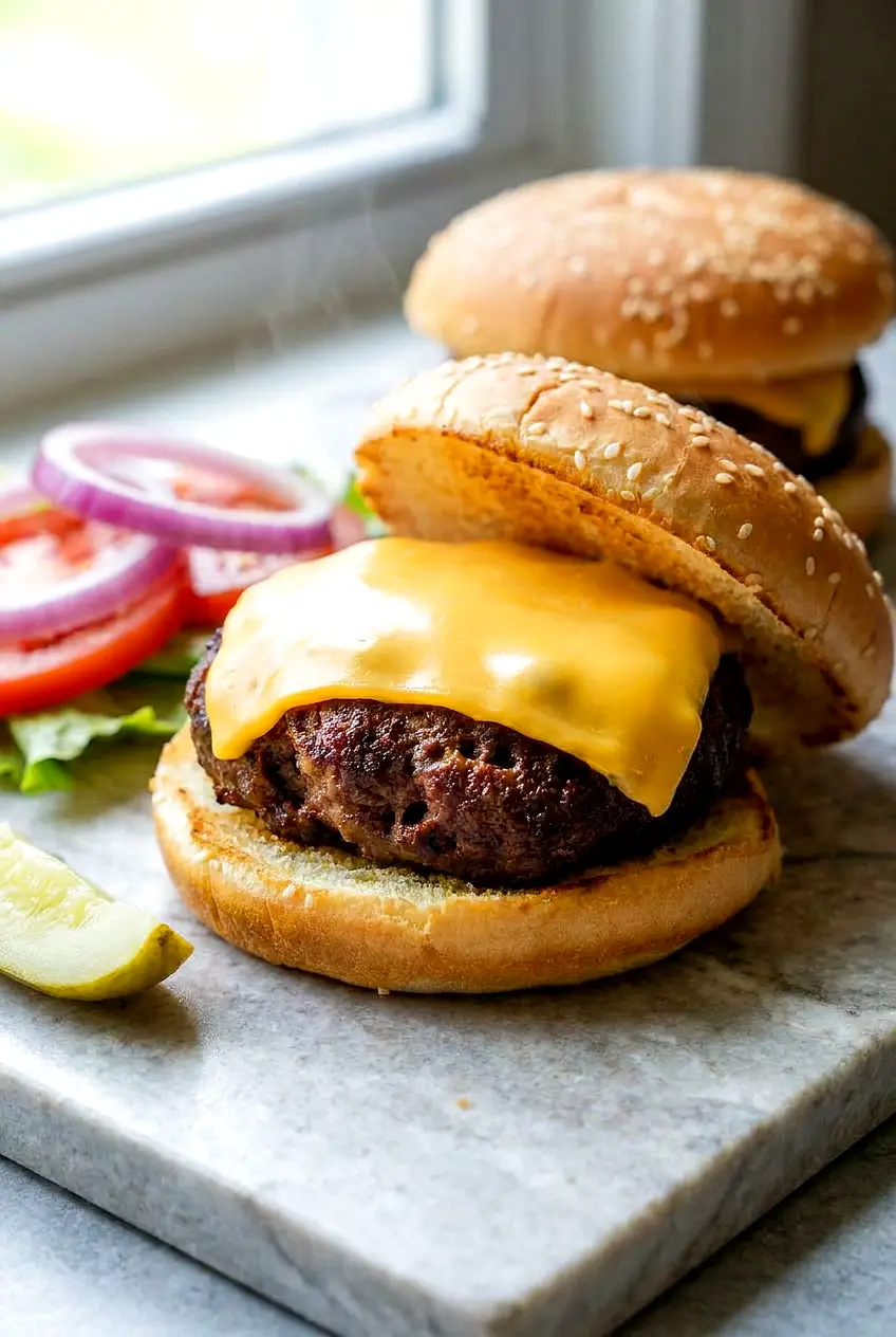 Close-up of an air fryer cheeseburger showing the juicy beef patty, melted cheese, and toasted bun