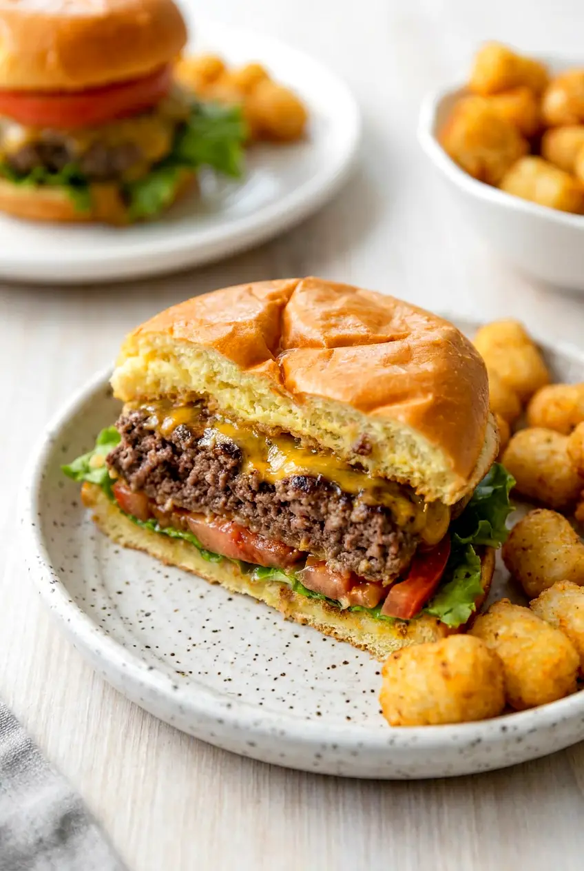 Close-up of a juicy air fryer burger with melted cheese and a browned beef patty on a toasted bun