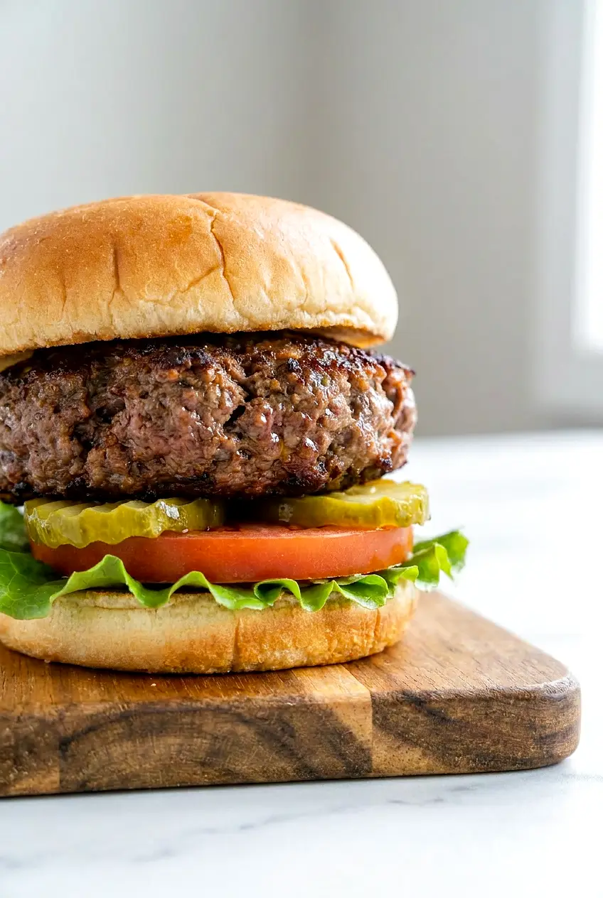 Close-up of a Ninja Foodi air fryer burger with juicy patty, lettuce, tomato, and pickle on a bun