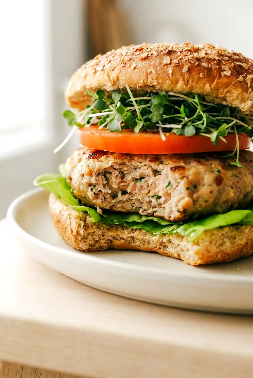 Close-up of air fryer turkey burgers showing a juicy browned patty with fresh lettuce and tomato on a bun