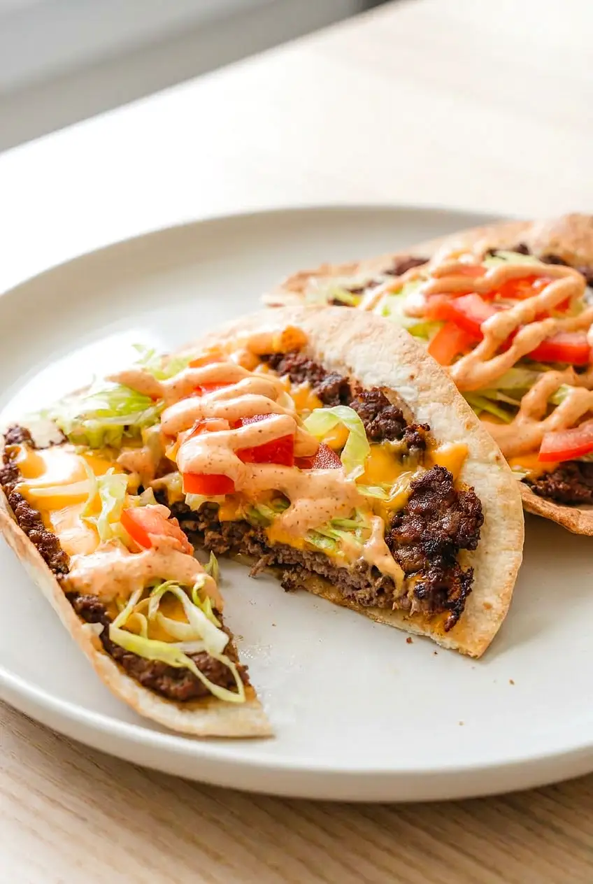 Close-up of an air fryer smashburger taco showing crisp tortilla edges, browned beef, melted cheese, and toppings