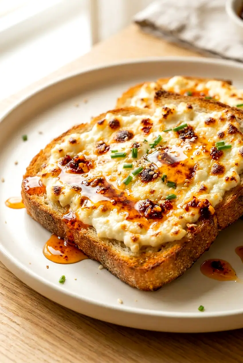 Close-up of air fryer cottage cheese toast with warm cottage cheese, crisp sourdough edges, chili crisp oil, and hot honey