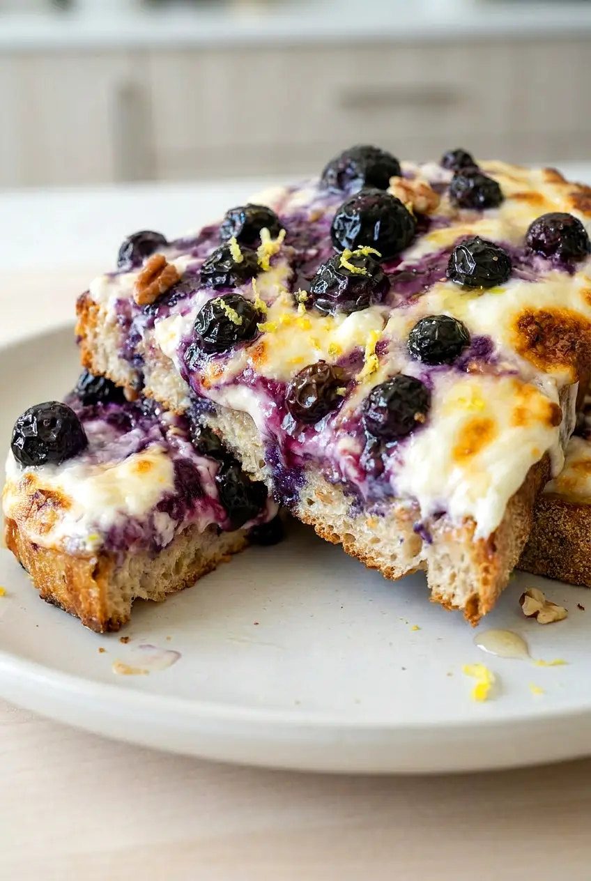 Close-up of air fryer blueberry cottage cheese toast showing cottage cheese, blueberries, and crisp sourdough edges