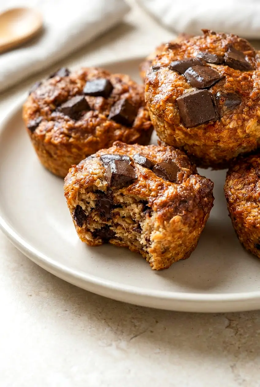 Close-up of air fryer chocolate protein muffins showing a soft, moist crumb and melted chocolate pieces