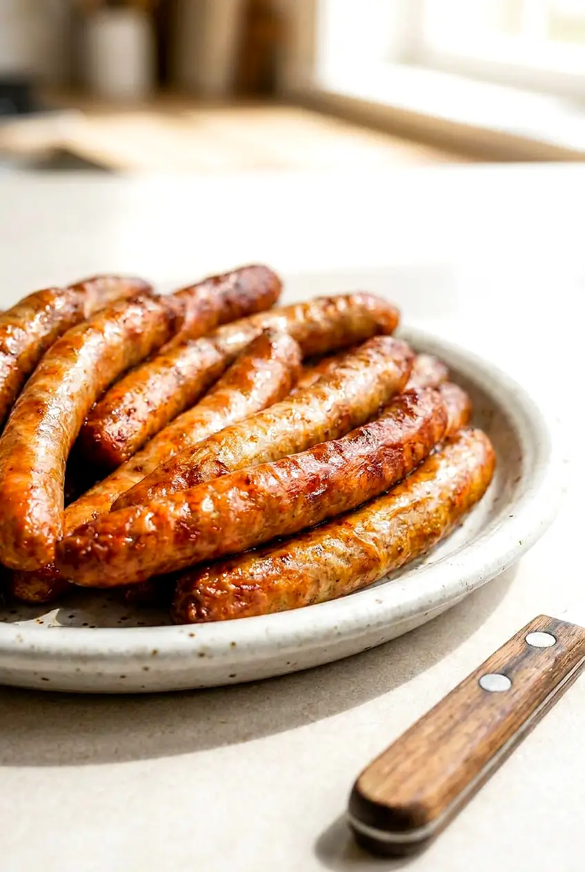 Close-up of air fryer sausage links showing browned casing and juicy texture on a pottery plate
