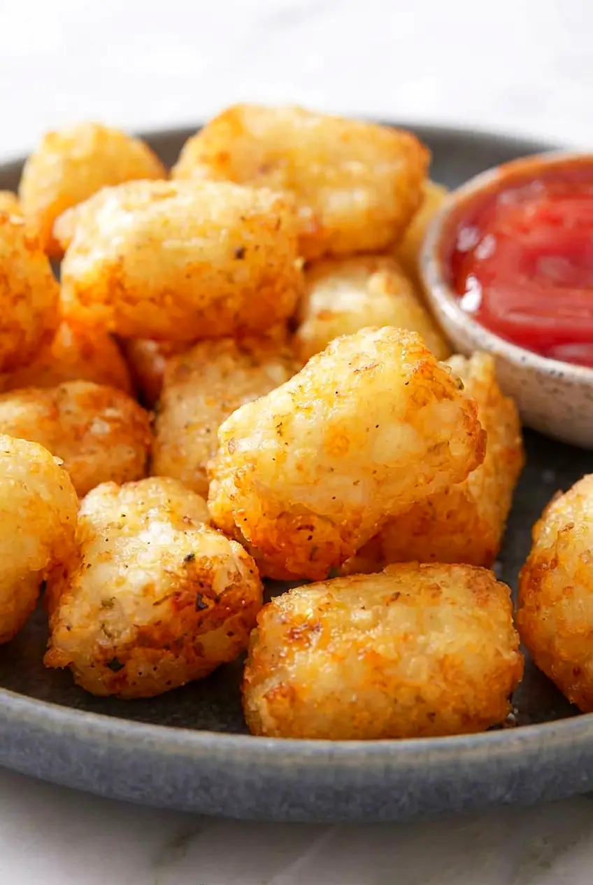 Close-up of air fryer tater tots showing deep golden, crunchy edges on the finished tots.