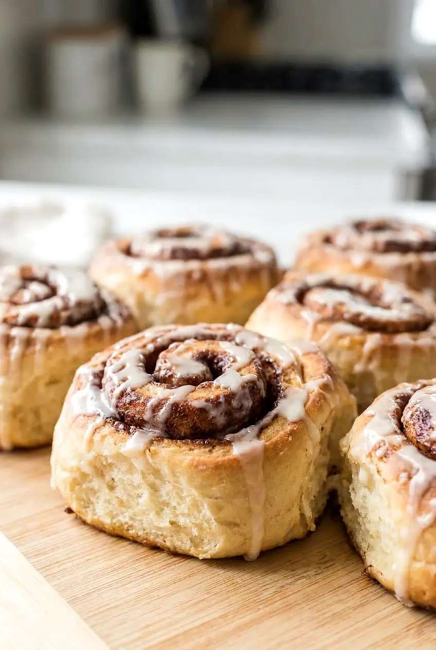 Close-up of air fryer cinnamon rolls showing the swirled filling and soft golden tops with icing