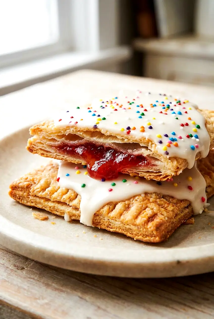 Close-up of air fryer pop tarts cut open to show the strawberry jam filling