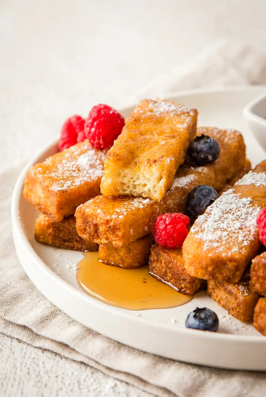Close-up of air fryer frozen French toast sticks with crisp edges, berries, and maple syrup