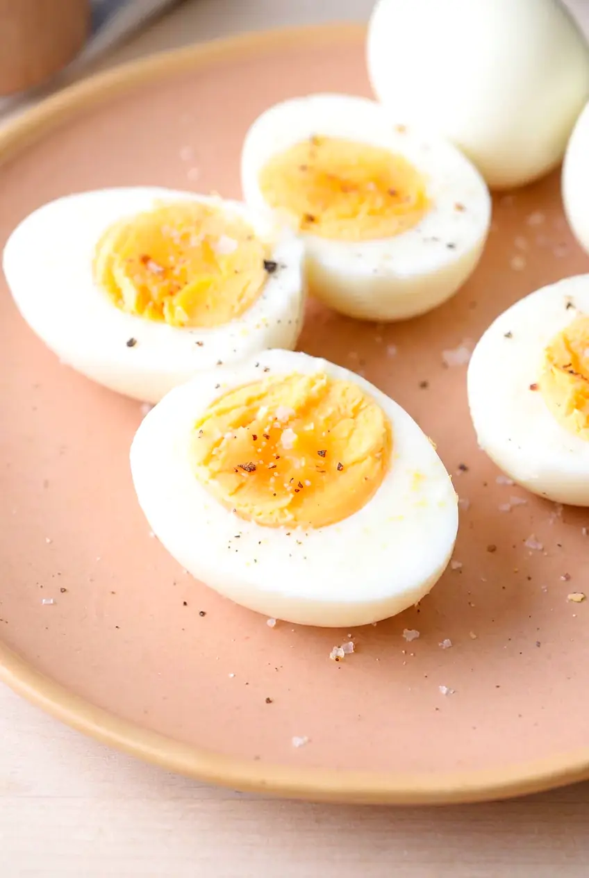 Close-up of air fryer hard-boiled eggs cut in half showing set whites and yolks.