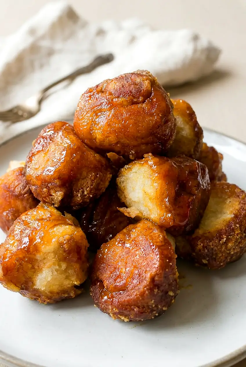 Close-up of air fryer monkey bread pieces on a white plate, showing soft centers and caramelized edges.