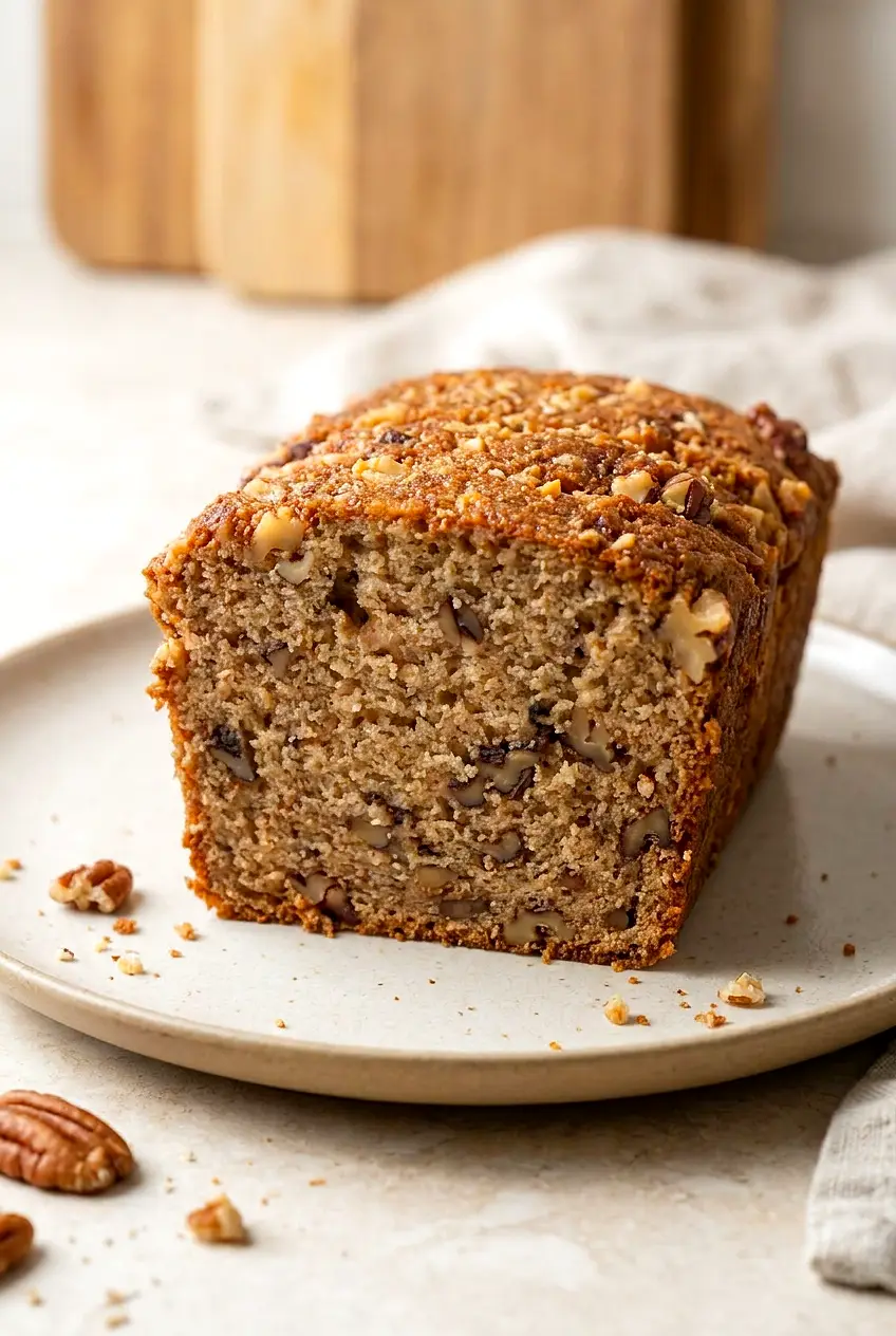 Close-up of air fryer banana bread sliced open to show the tender banana-filled crumb