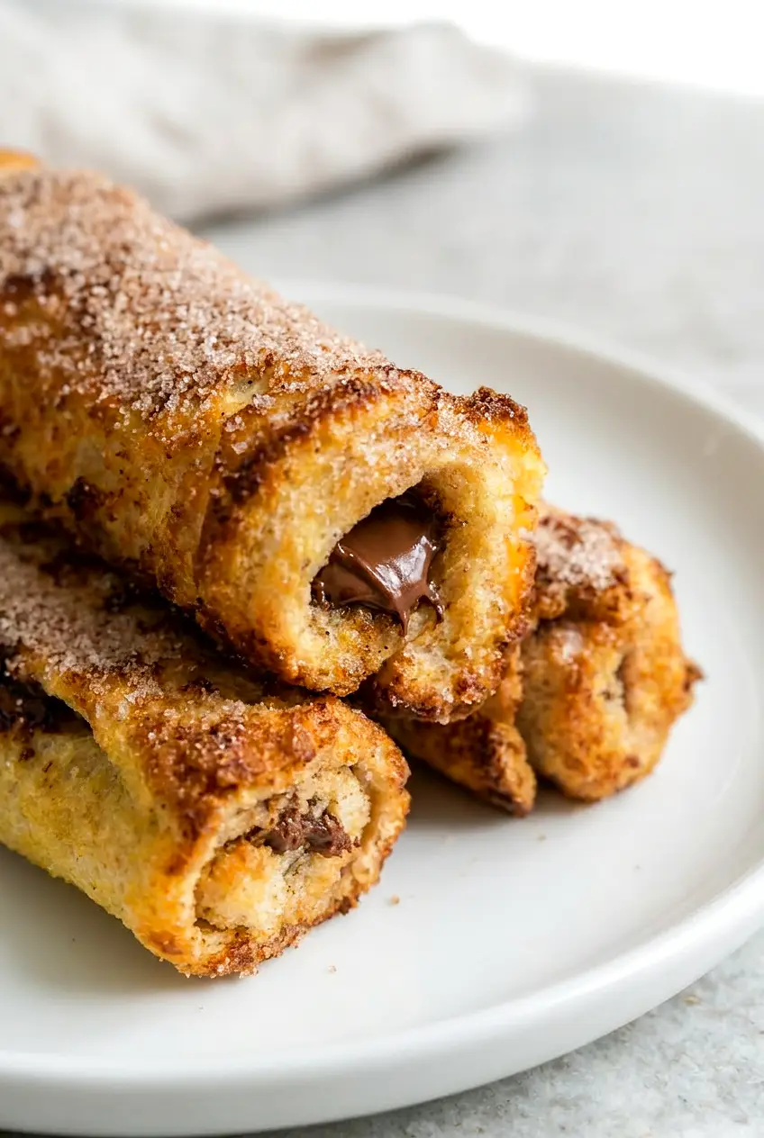 Close-up of Air Fryer Nutella French Toast Roll Ups showing the golden coating and soft chocolate filling