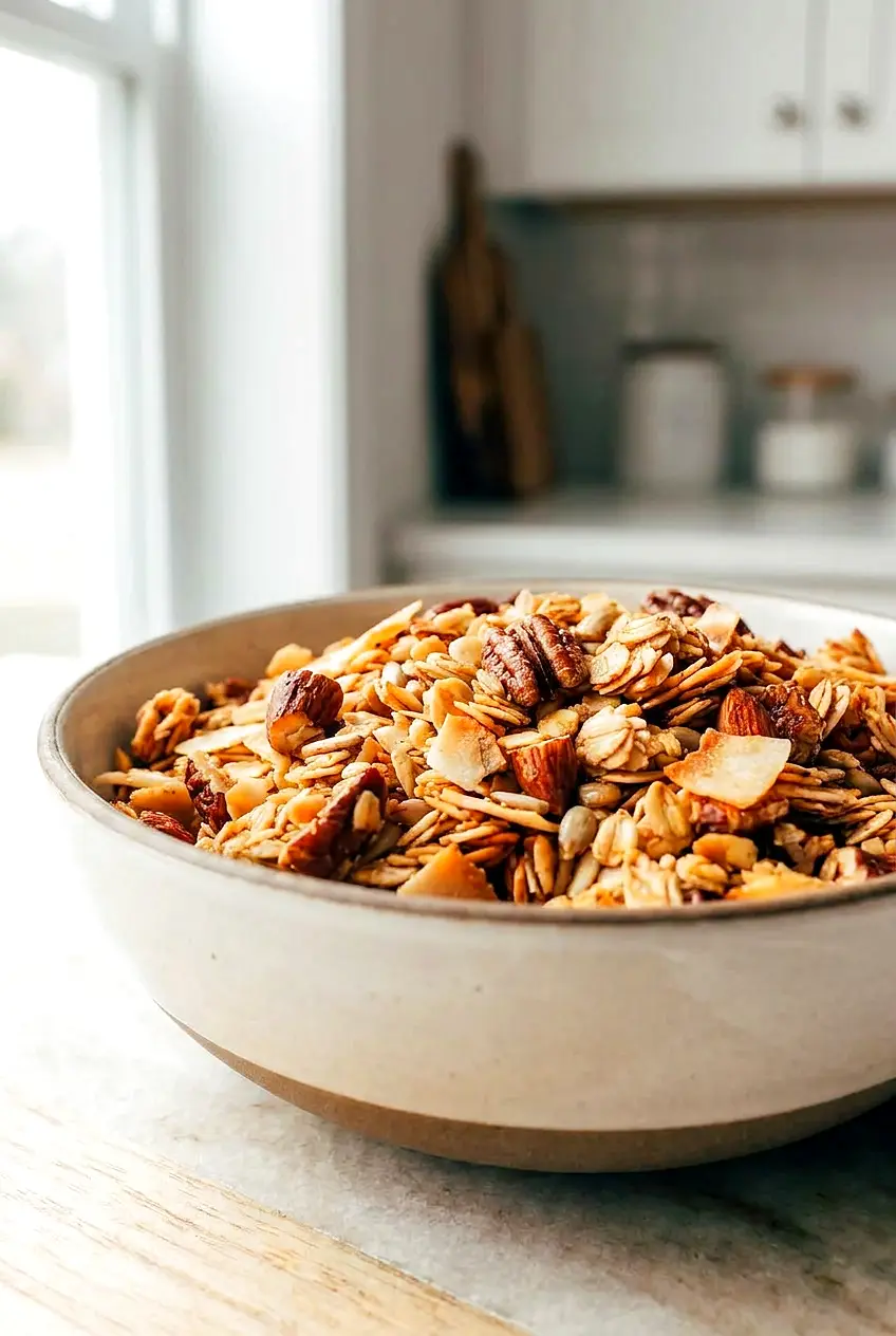 Close-up of air fryer granola clusters showing crisp oats, toasted coconut, and chopped nuts