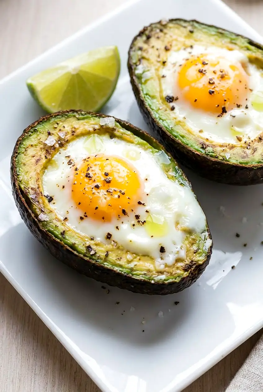 Close-up of air fryer avocado eggs showing set whites, soft yolks, and creamy avocado edges