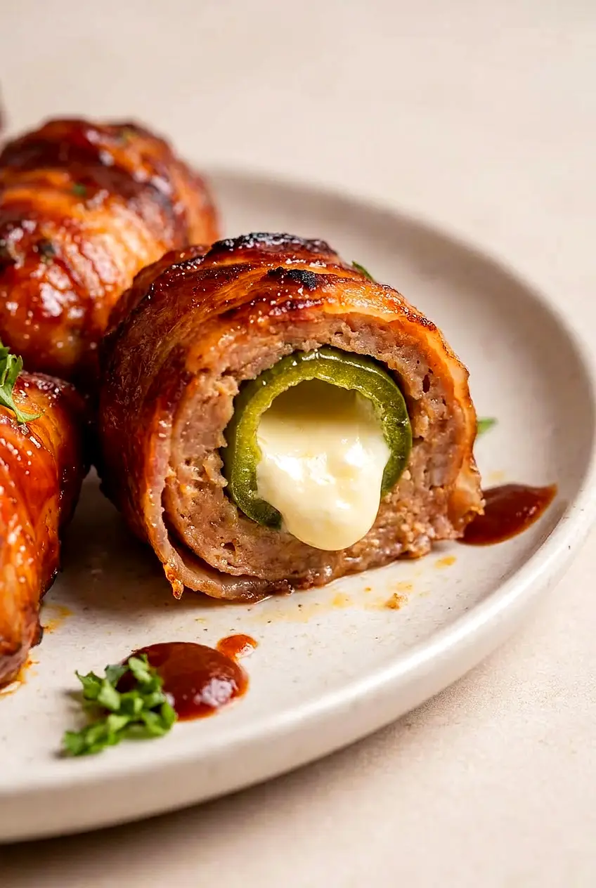 Close-up of Air Fryer Armadillo Eggs showing the browned bacon and cheesy filling