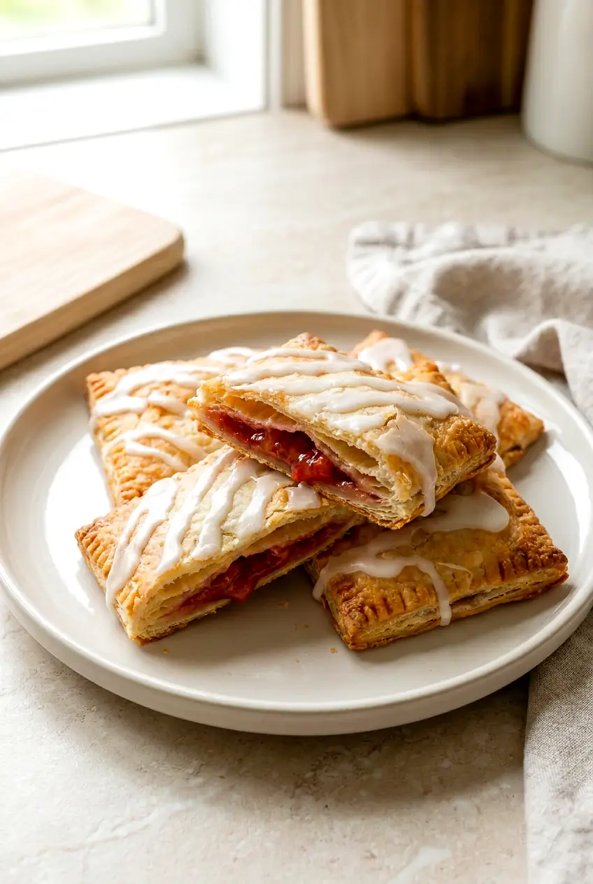 Close-up of Air Fryer Toaster Strudel showing the flaky crust and warm fruit filling with icing