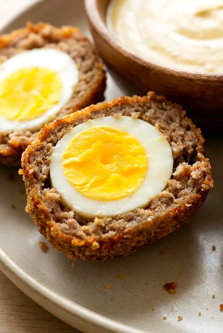 Cut-open air fryer Scotch eggs showing the cooked egg center and sausage crust