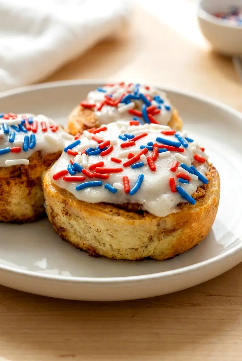 Close-up of Air Fryer Mickey cinnamon rolls with creamy frosting and colorful sprinkles
