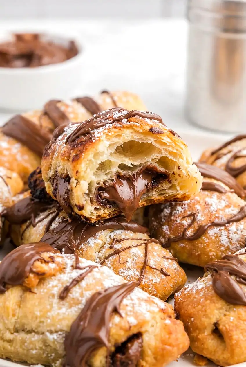 Close-up of air fryer chocolate croissants showing the flaky crust and Nutella filling