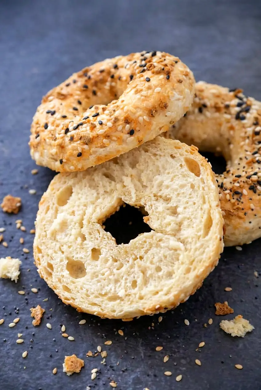 Close-up of a sliced air fryer two ingredient bagel showing a soft, slightly chewy center