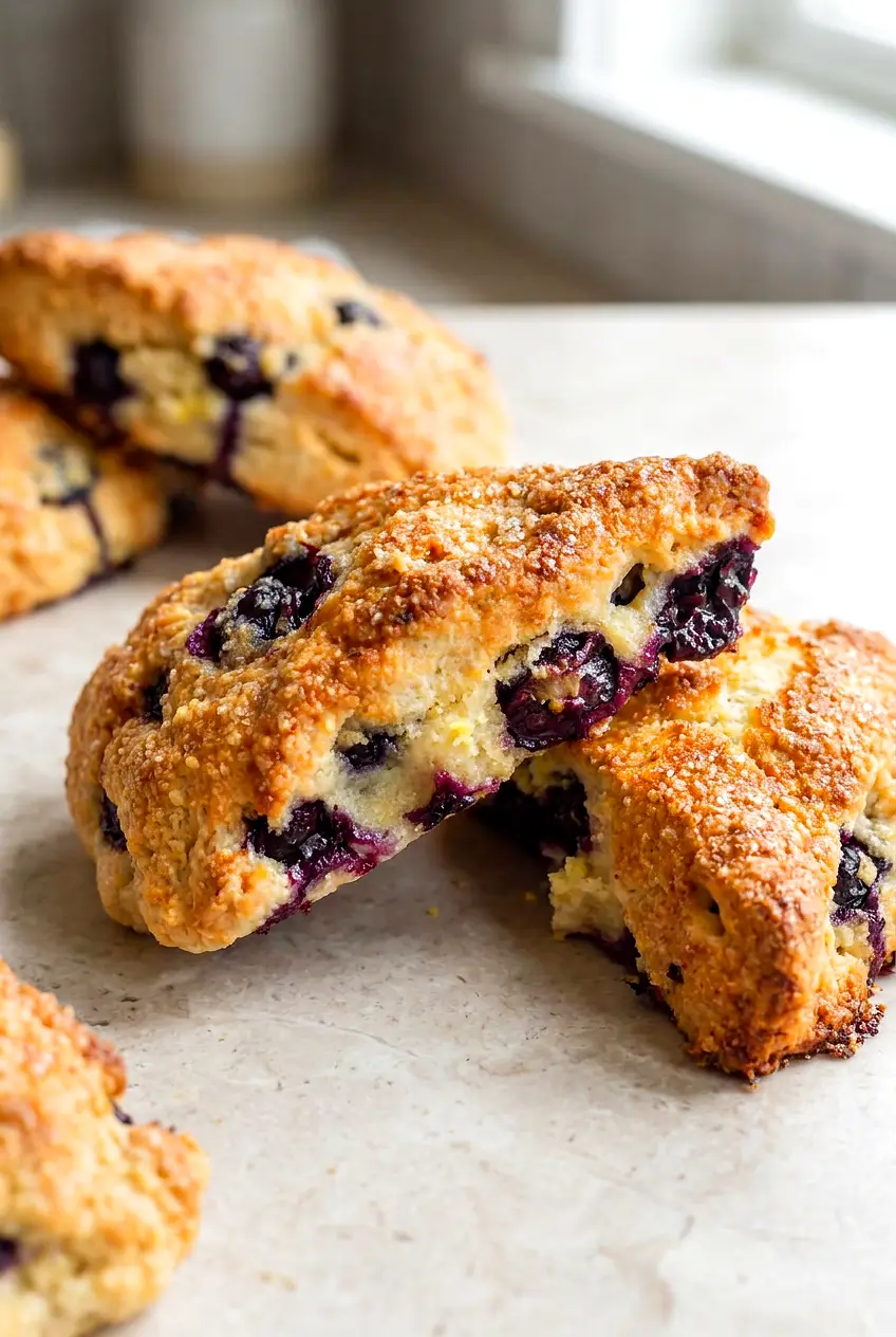 Close-up of air fryer blueberry scones showing a tender crumb, blueberries, and crisp sugared tops