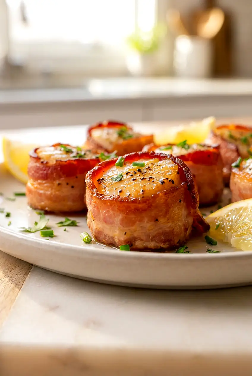 Close-up of air fryer bacon wrapped scallops showing crisp bacon edges and tender scallop centers