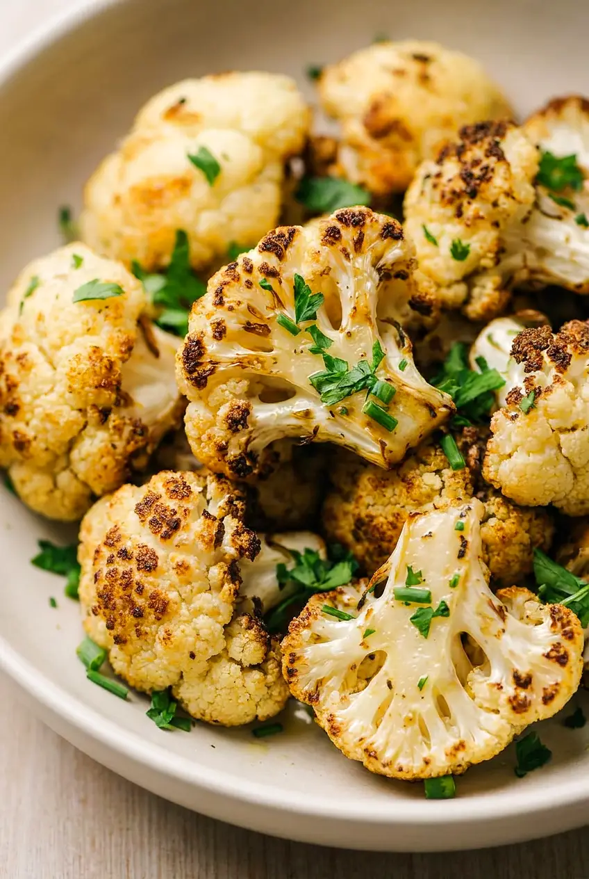 Close-up of air fryer cauliflower florets with browned edges and fresh herbs