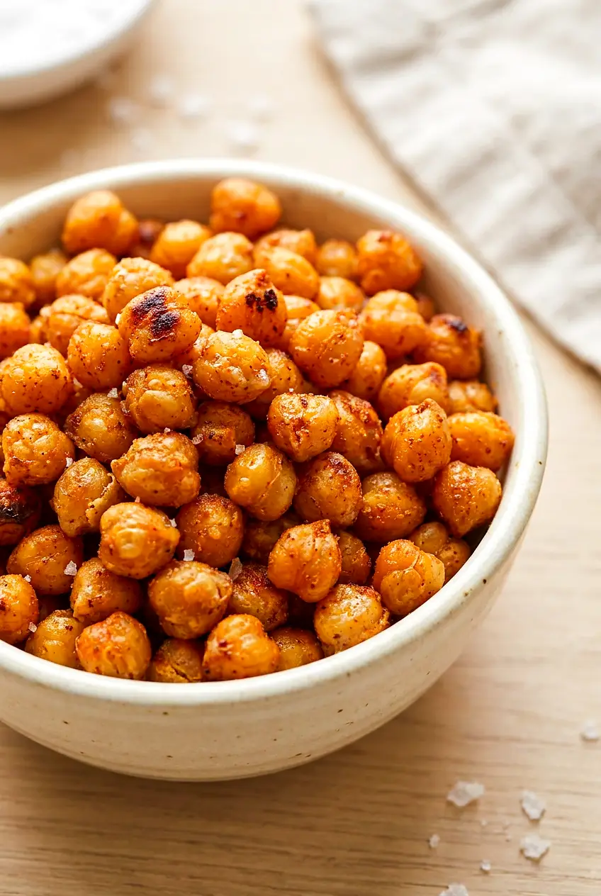 Close-up of air fryer chickpeas showing a crisp roasted surface and golden browned edges