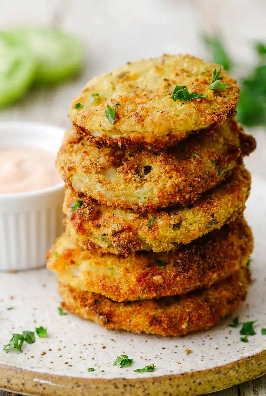 Close-up of air fryer fried green tomatoes showing the golden crunchy cornmeal coating