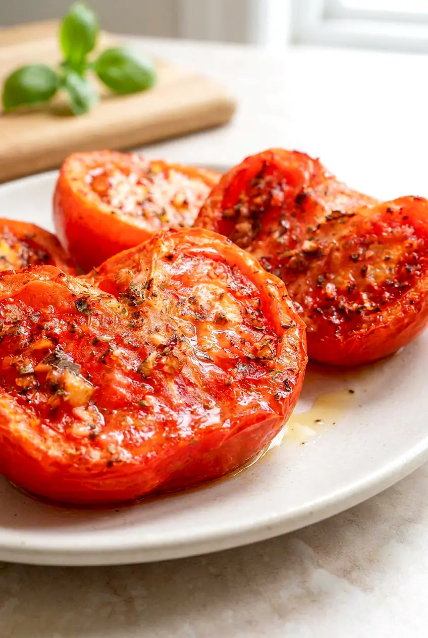 Close-up of air fryer tomatoes showing softened flesh, garlic, and browned roasted edges