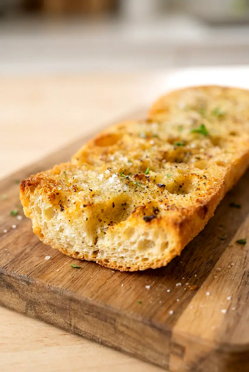 Close-up of air fryer garlic bread showing a golden toasted top and crisp edges