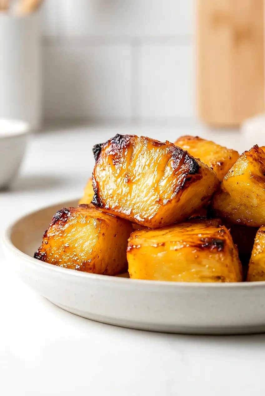 Close-up of air fryer grilled pineapple showing glossy caramelized edges and juicy fruit texture