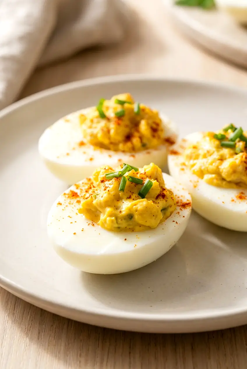 Close-up of air fryer deviled eggs showing the creamy yolk filling and smooth egg white halves.