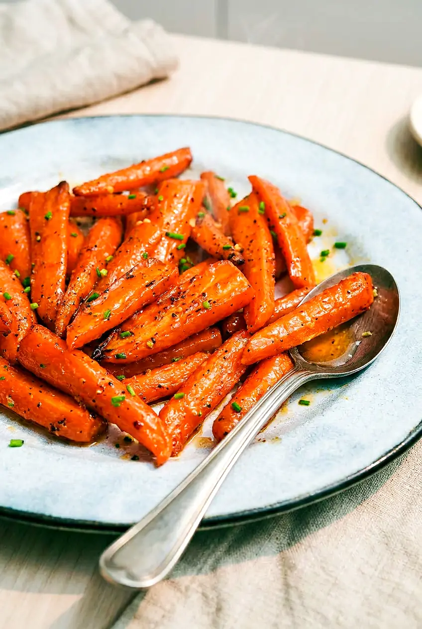 Close-up of air fryer honey glazed carrots showing tender centers, browned edges, and glossy glaze.