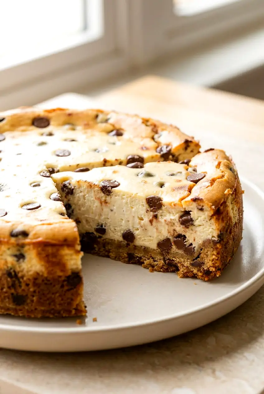 Close-up slice of air fryer chocolate chip cookie cheesecake showing the creamy filling and chocolate chip cookie crust