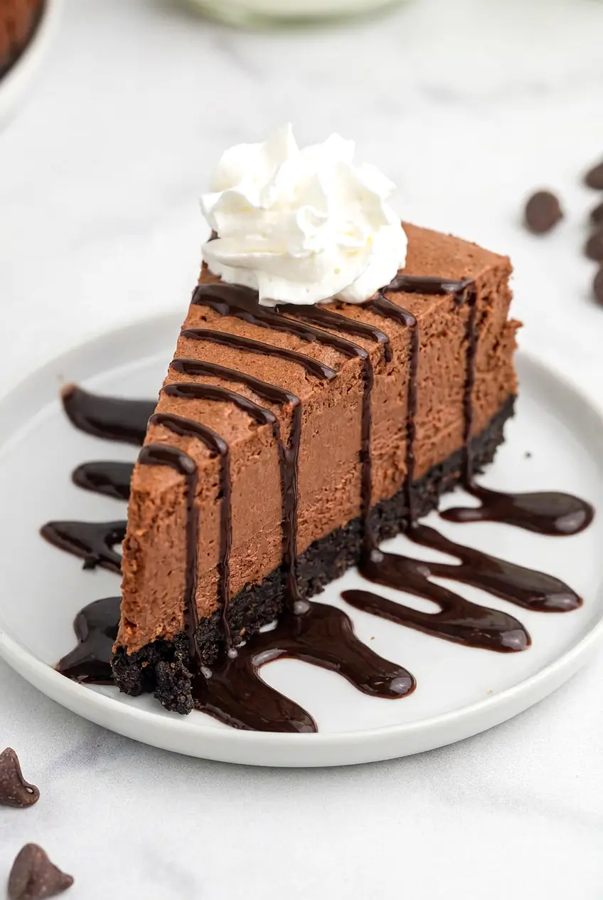 Close-up of a sliced air fryer chocolate cheesecake showing the creamy chocolate filling and Oreo crust