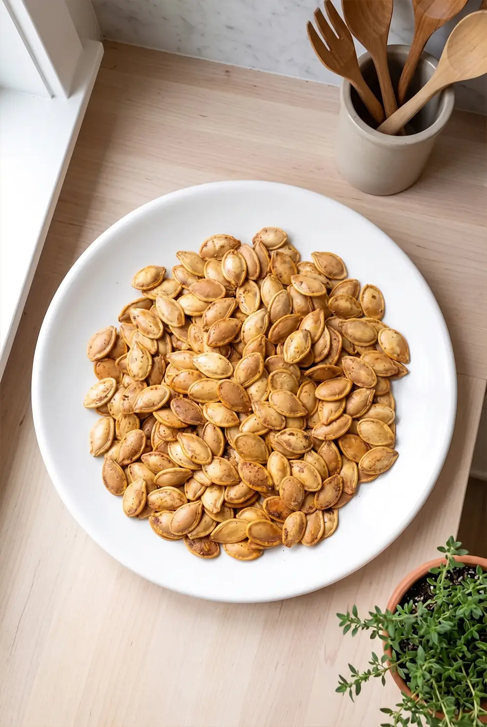 Air fryer pumpkin seeds served on a white plate, lightly browned and crisp with simple seasoning