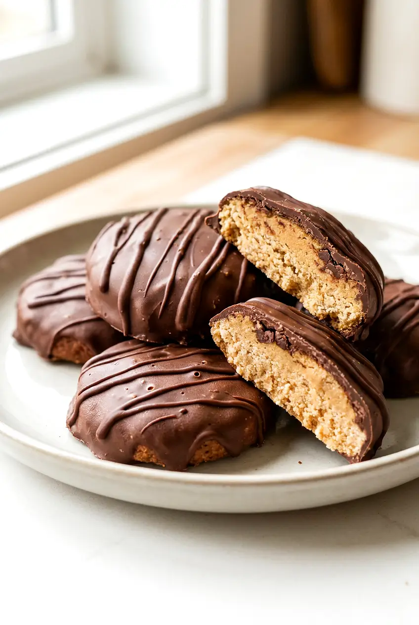 Air fryer Tagalongs cookies stacked on a plate with peanut butter filling and chocolate coating