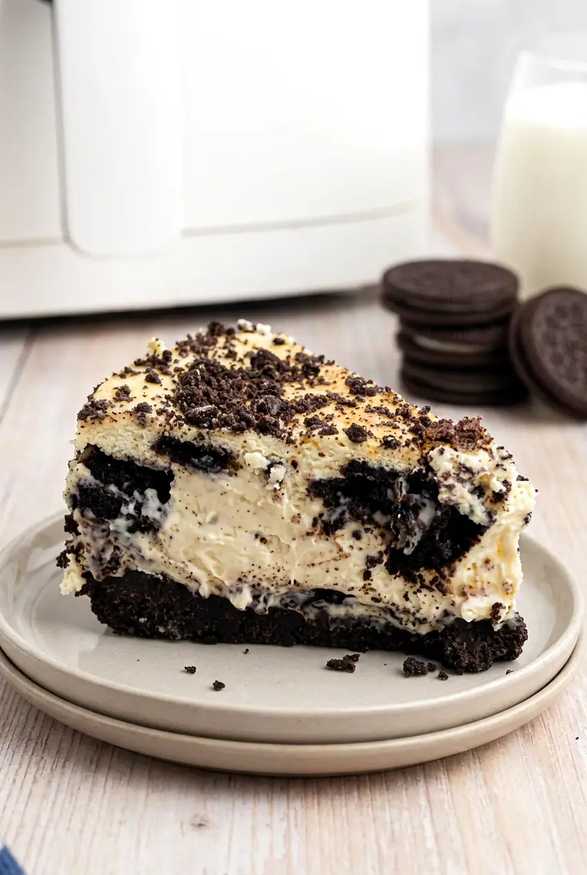 Slice of Air Fryer Oreo Cheesecake on a plate with Oreo crumbs on top