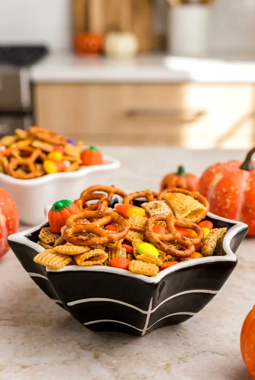 Air Fryer Halloween Chex Mix in a black spider web bowl with candy corn, marshmallow pumpkins, M&M’s, Chex cereal, and pretzels
