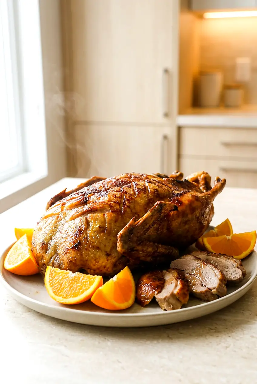 Air fryer duck on a platter with orange garnish and glossy glaze