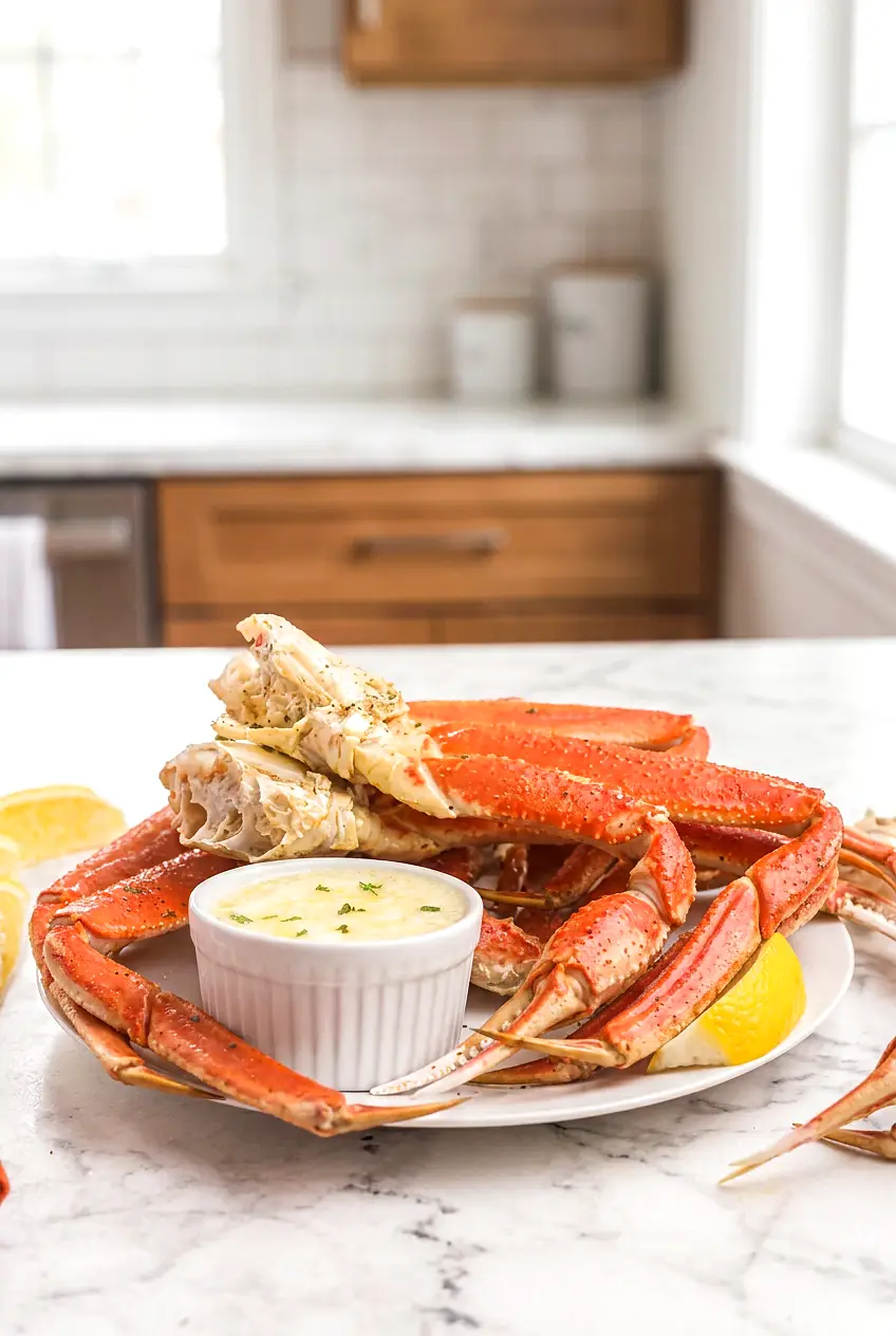 Air fryer crab legs on a white plate with lemon slices and melted butter on a marble table