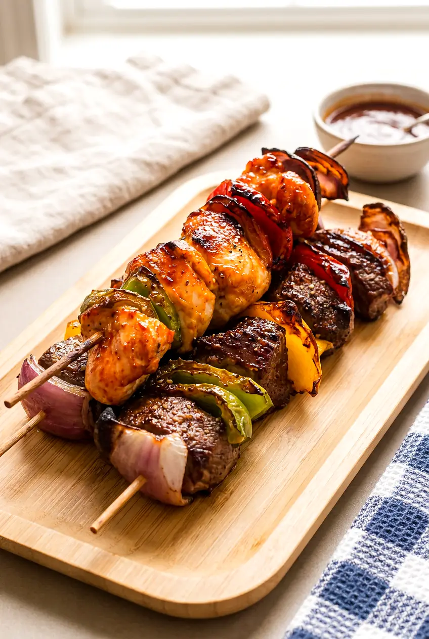 Air fryer kabobs on a serving platter with chicken, bell peppers, and onion brushed with BBQ sauce.
